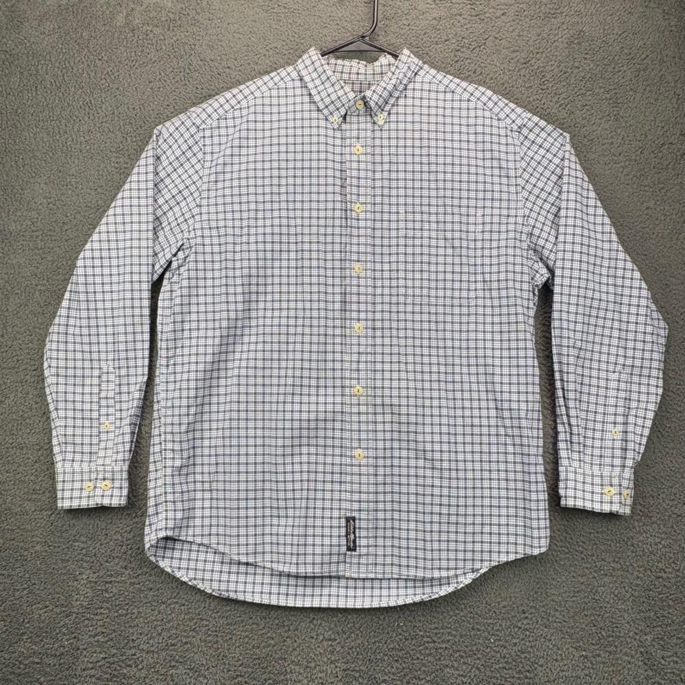 Eddie Bauer Mens Large Blue White Plaid Button Down Shirt Long Sleeve Cotton L
